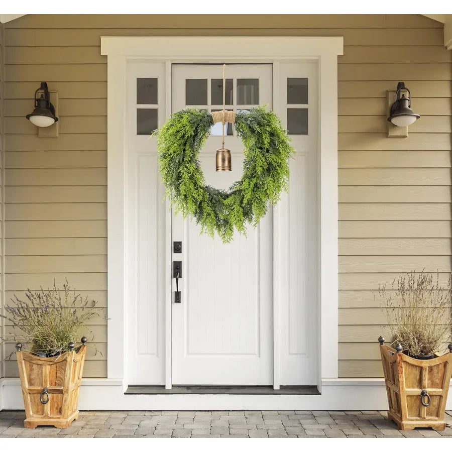 Real Touch Artificial Cedar Wreath 20 with Bell for Front Door Indoor Outdoor Christmas Decorations Faux Pine Greenery Heart Wr