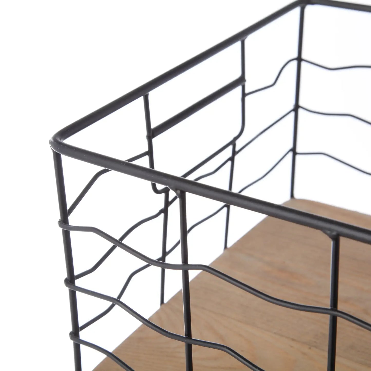 Decorative Black Wire Basket with Wood Board Base