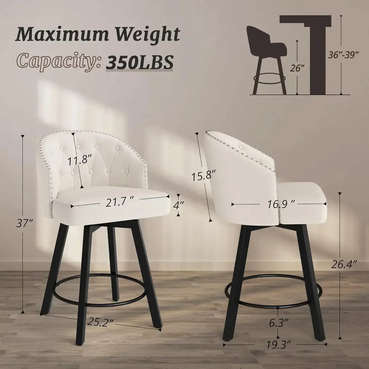 XMSJ.Counter Height Bar Stools Set of 3, 26" Swivel Fabric Upholstered Bar Stools, Retro for Kitchen Island, Dining Room, Pub, B