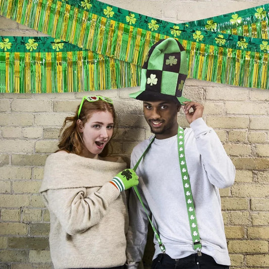 Mega-L St Patricks Day Decorations 4 Pack 78Ft Foil Fringe Garland Tinsel Banner, Green Gold Shamrock Pattern Metallic Hanging B
