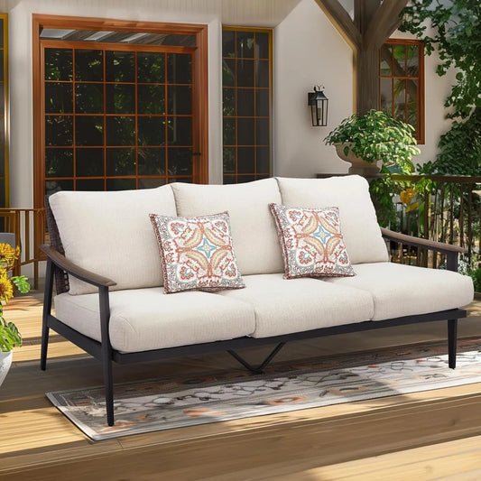 Patio Sofa Outdoor Furniture Metal Chair with Wicker Backrest & 6 Inches Cushion for Indoor, Front Porch, Deck,Balcony, Backyard