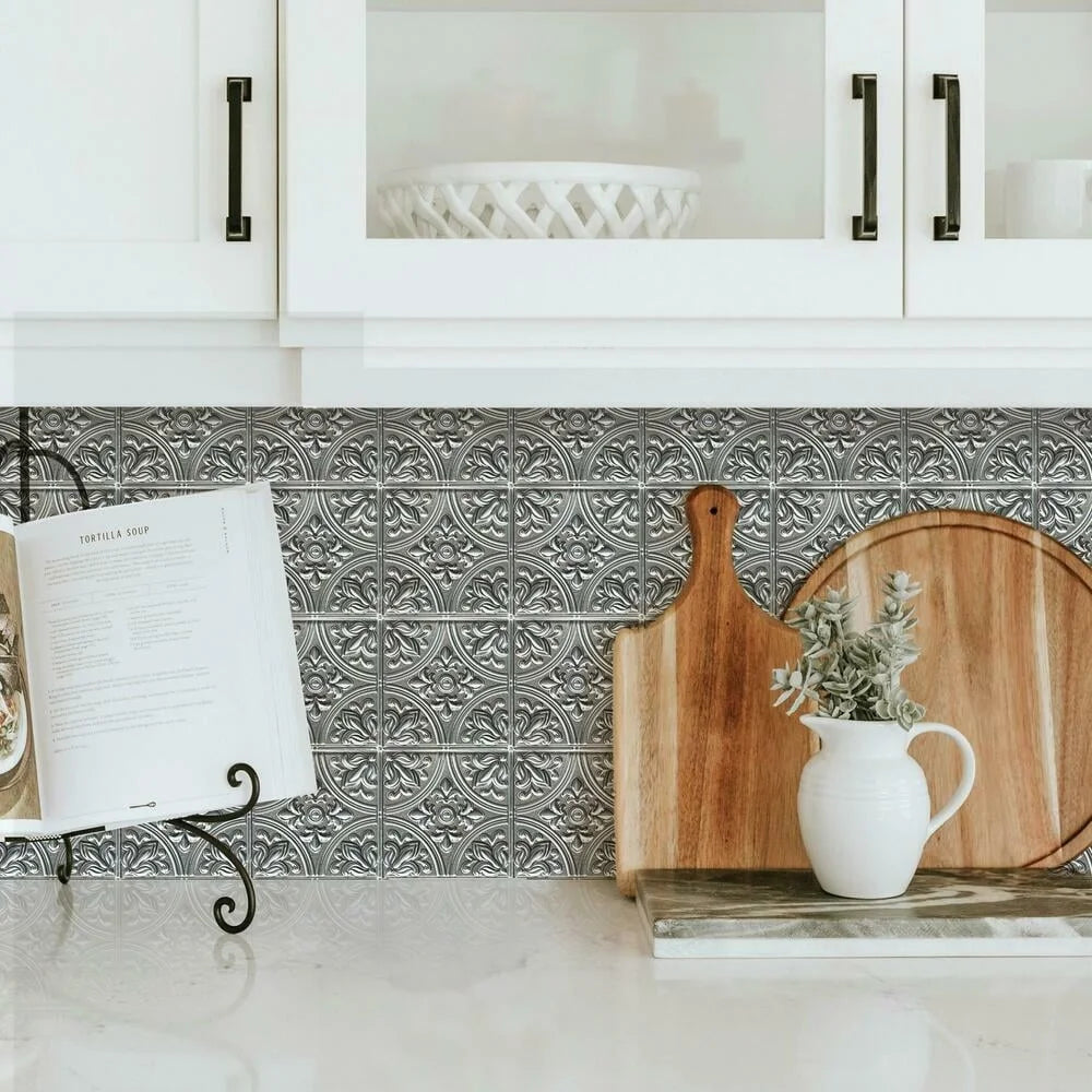 Peel and Stick Silver Tile Backsplash Self-Adhesive Faux Ceiling Decorative Wall Panels Easy to Install Decorative Tiles Home