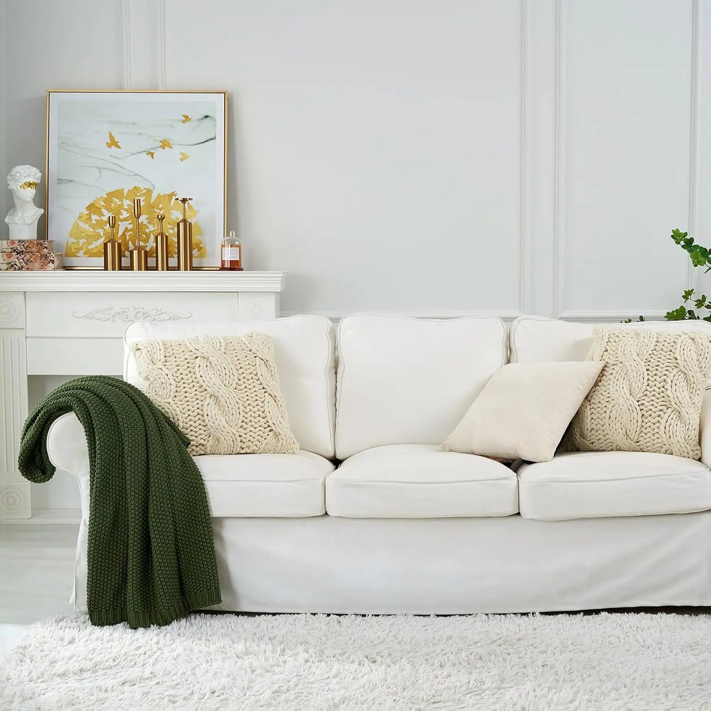 Knitted blanket lightweight olive green organic cotton sofa bed blanket, 51 inches x 63 inches, including laundry bag