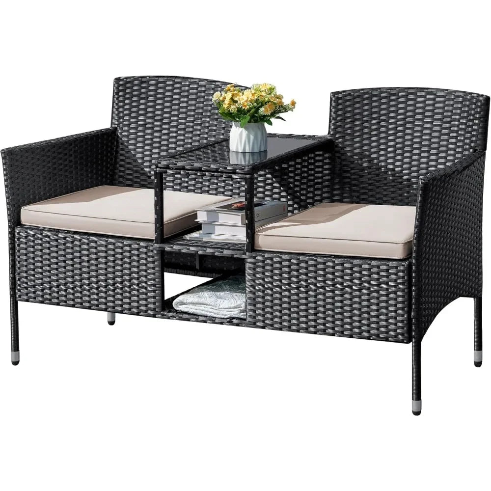 Outdoor Furniture Patio Loveseat Wicker Seat with Built-in Table and Cushions Rattan Porch Chairs Bench for Balcony, Lawn