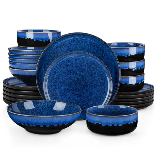 vancasso 24 Piece Blue Klin Change Glaze Stoneware Set Dinnerware Set with 6pcs Dinner Plate/Dessert Plate/Soup Plate/Bowl