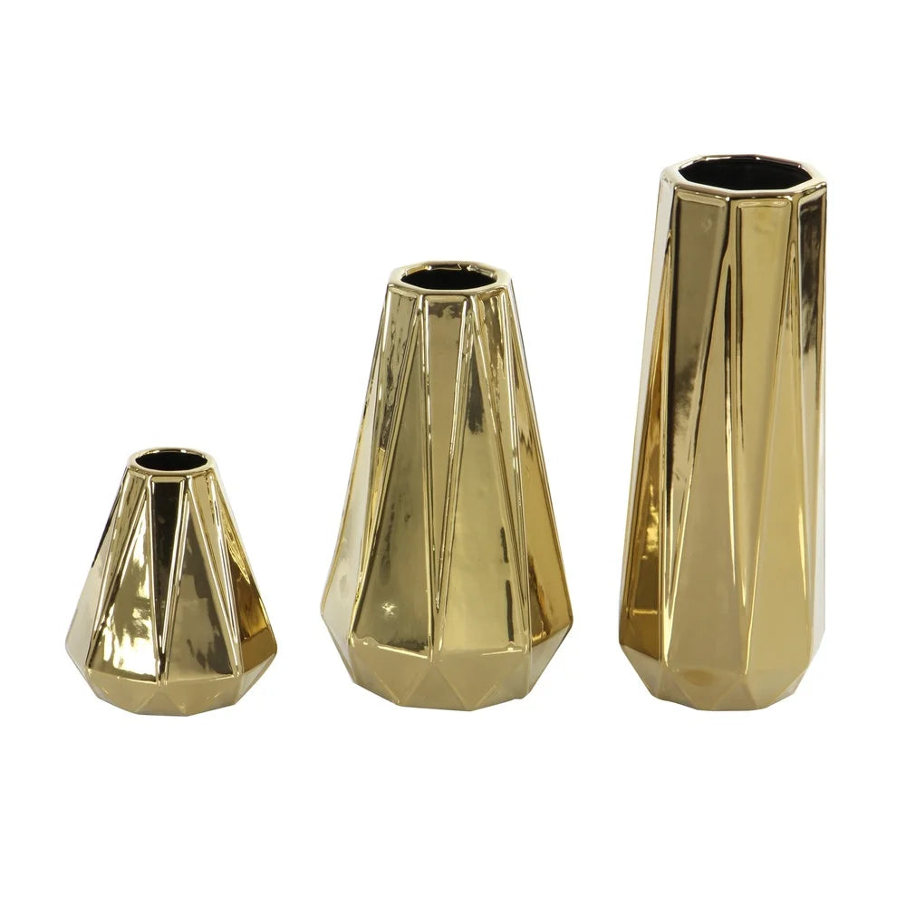 Gold Geometric Ceramic Vase Set of 3 Modern Decorative Home Accent Indoor Use Stoneware Tapered Round Design High Shine Finish