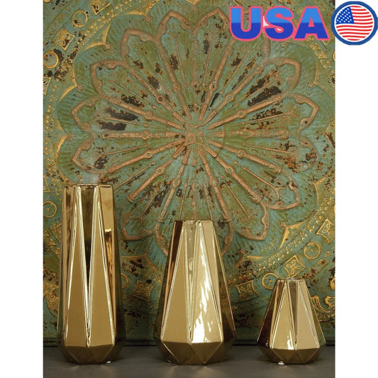 Gold Geometric Ceramic Vase Set of 3 Modern Decorative Home Accent Indoor Use Stoneware Tapered Round Design High Shine Finish