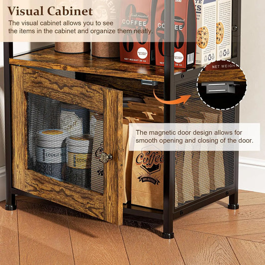 5 Tier Bakers Rack with Visual Cabinet, Coffee Bar Cabinet with 5 Hooks, 57.87”H Tall Microwave Stand for for Small Space