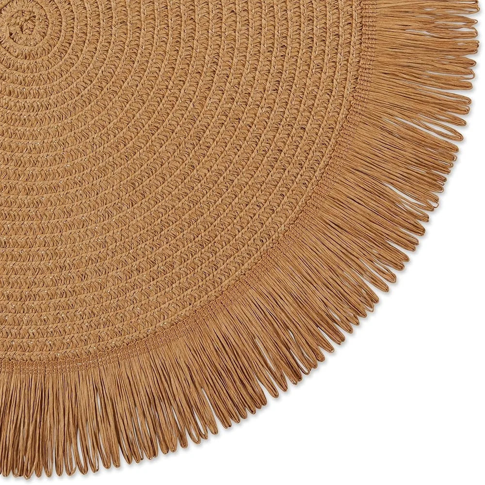 Woven Kitchen Collection Round Placemats Set of Six 15 Inch Natural Fringe Indoor Outdoor Table Settings Charger Mats