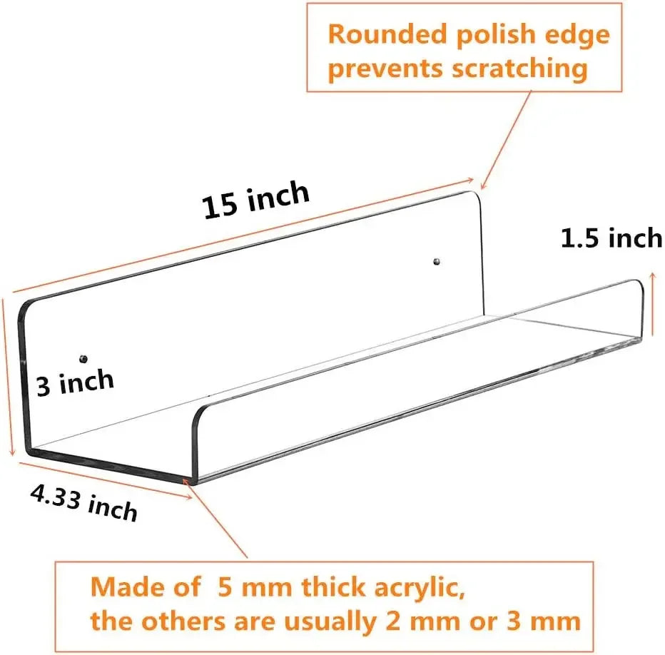 Clear Acrylic Floating Shelves Display Ledge, 5 MM Thick Wall Mounted Storage Shelf for Kitchen/Bathroom/Office,Invisible Kids
