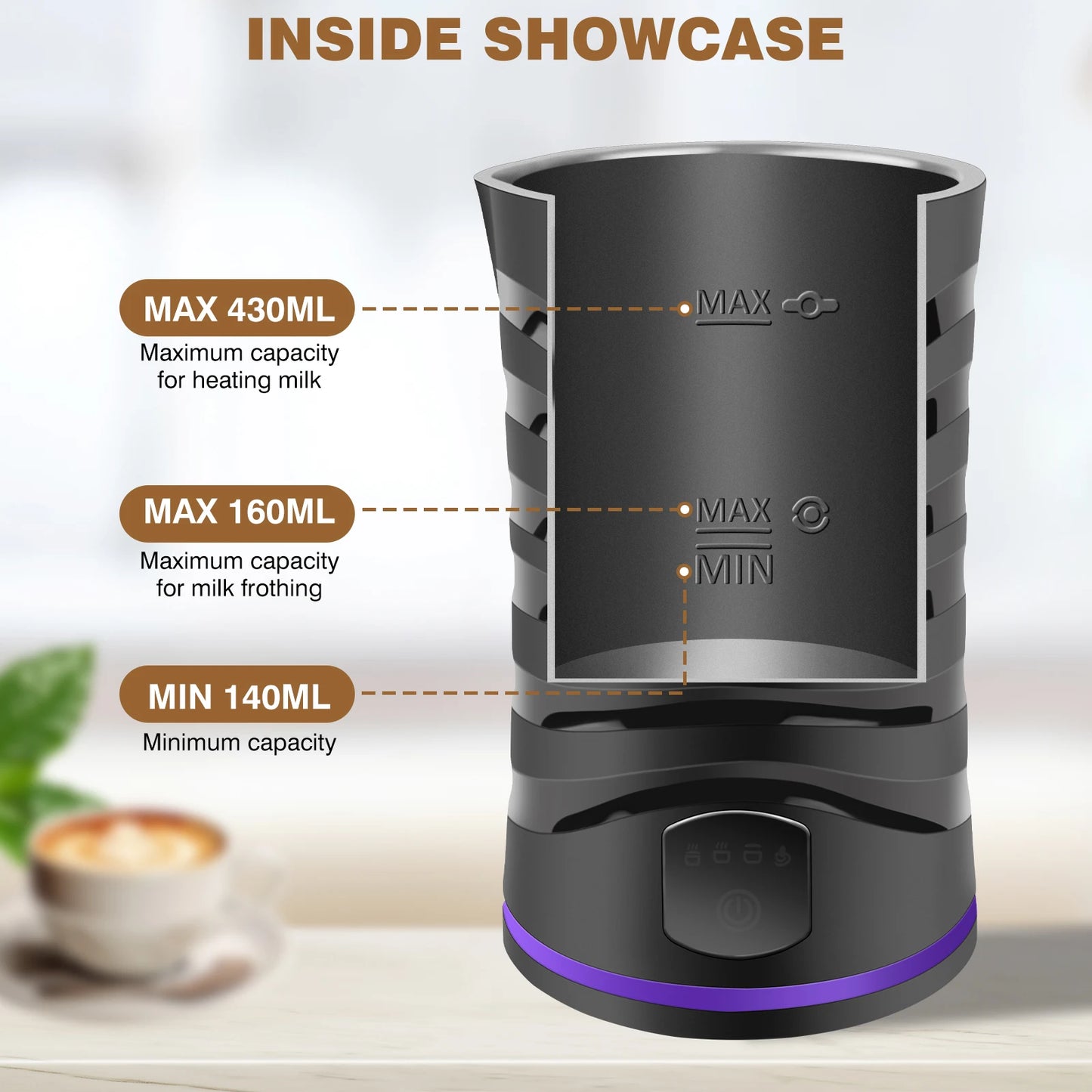 4 in1 Automatic Milk Frother Electric,600ml Capacity Hot&Electric Milk FrotherAutomatic Rotary Foamer for CoffeeCappuccino Latte
