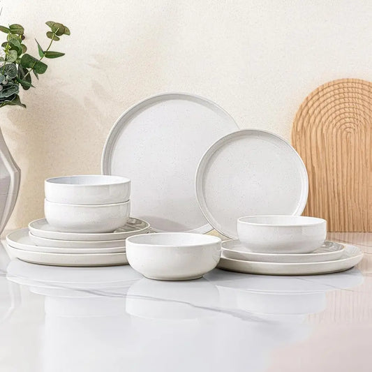 Ceramic Dinnerware Set For 4, 12Pcs Stoneware Plates And Bowls Sets, Handmade Chip And Scratch Resistant Dishes Set, Dishwasher
