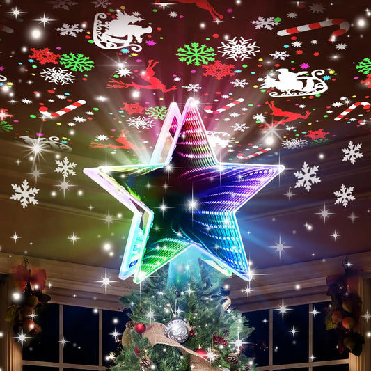 RGB Christmas Tree Topper Star with Projector, 4-in-1 Dynamic Lighting , Tool-Free Installation Xmas Decor for Home Party New Ye