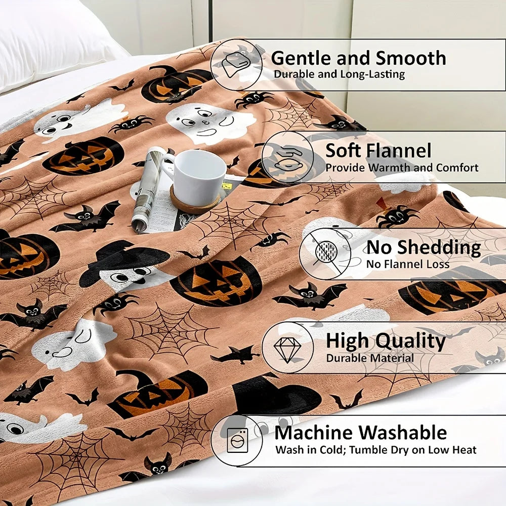 Haunted Halloween Fleece Throw Blanket: Spider Webs Witch's Hat Black Bats and Decorated Pumpkins Print on Soft Flannel Fleece