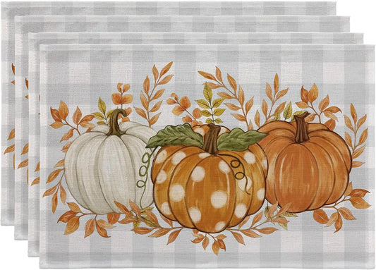 Fall Placemats Set of 4-12 X 18 Inch - Thanksgiving Autumn Harvest Pumpkin Buffalo Plaid Place Mats, Stain Resistant Wipeable Ta