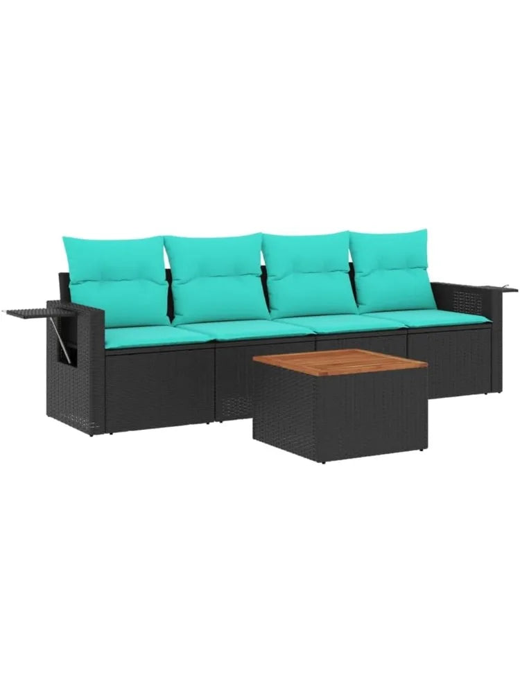 Sofa Set with Cushions Black Poly Rattan Patio Couch Outdoor Furniture for Deck Backyard