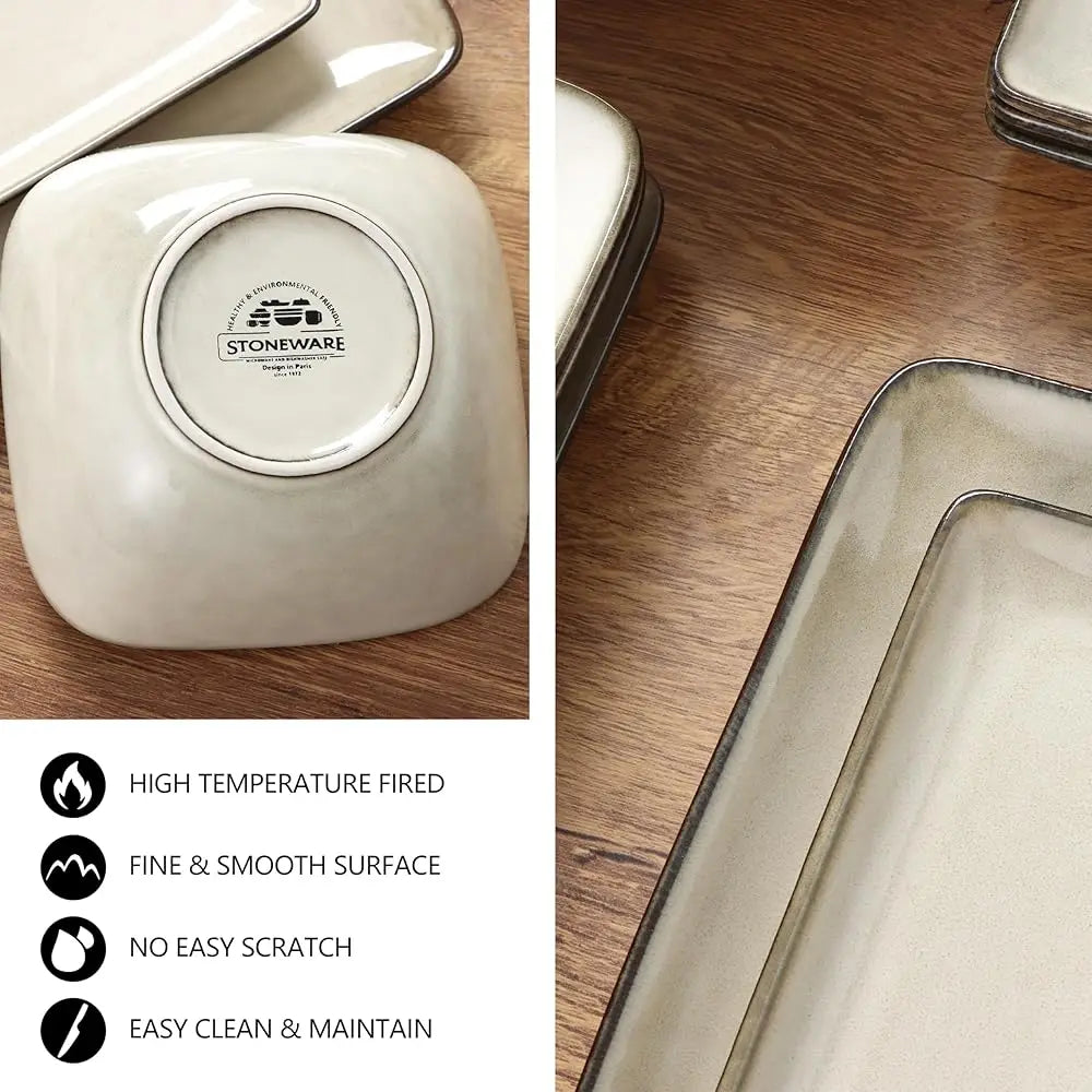 Square Plates And Bowls Sets, 12-Piece Stoneware Dinnerware Sets For 4, Reactive Glaze Dish Set, Chip And Scratch Resistant,