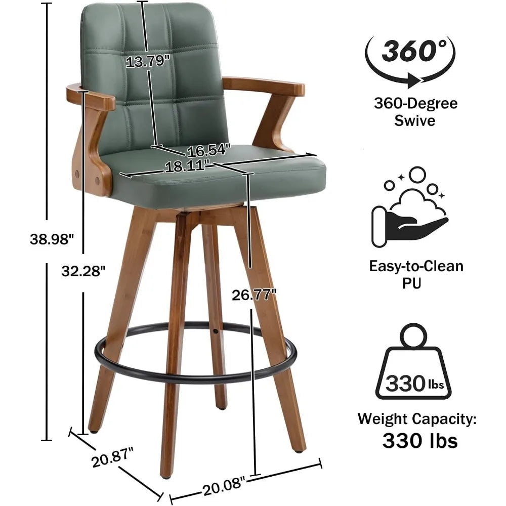 26” Counter Height Bar Stools,Leather Upholstered Bar Chair, Swivel Bar Stools with Back and Arms，Industrial Style Barstool Se