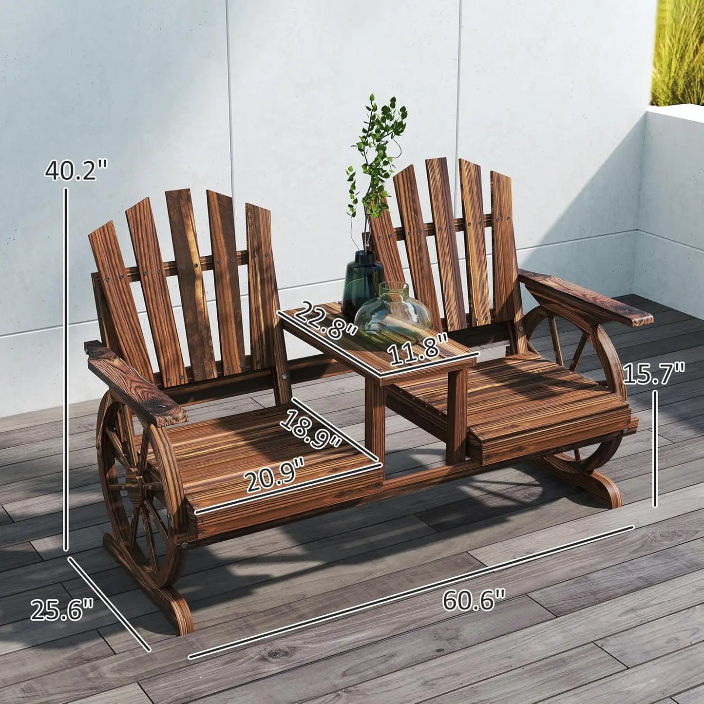 Wooden Garden Bench with Table, Umbrella Hole, 2-Seat Wagon Wheel Outdoor Bench with Slatted Seat, High Backrest, Armrests