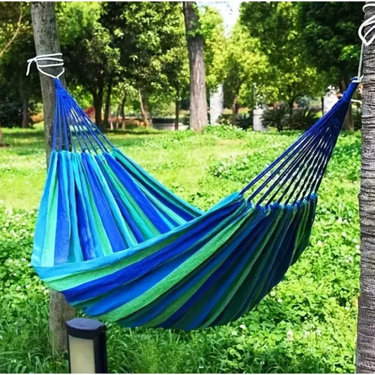 Vibrant Blue & Green Striped Outdoor Hammock - Breathable, Anti-Rollover Design with Secure Knots, Perfect for Garden, Balcony &
