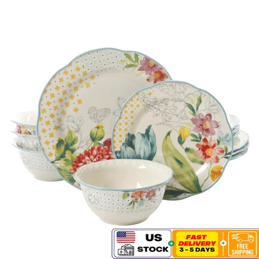 Blooming Bouquet 12-Piece Dinnerware Set Stoneware Dishwasher Safe Dinner Plates Salad Bowls Colorful Floral Patterns Elegant