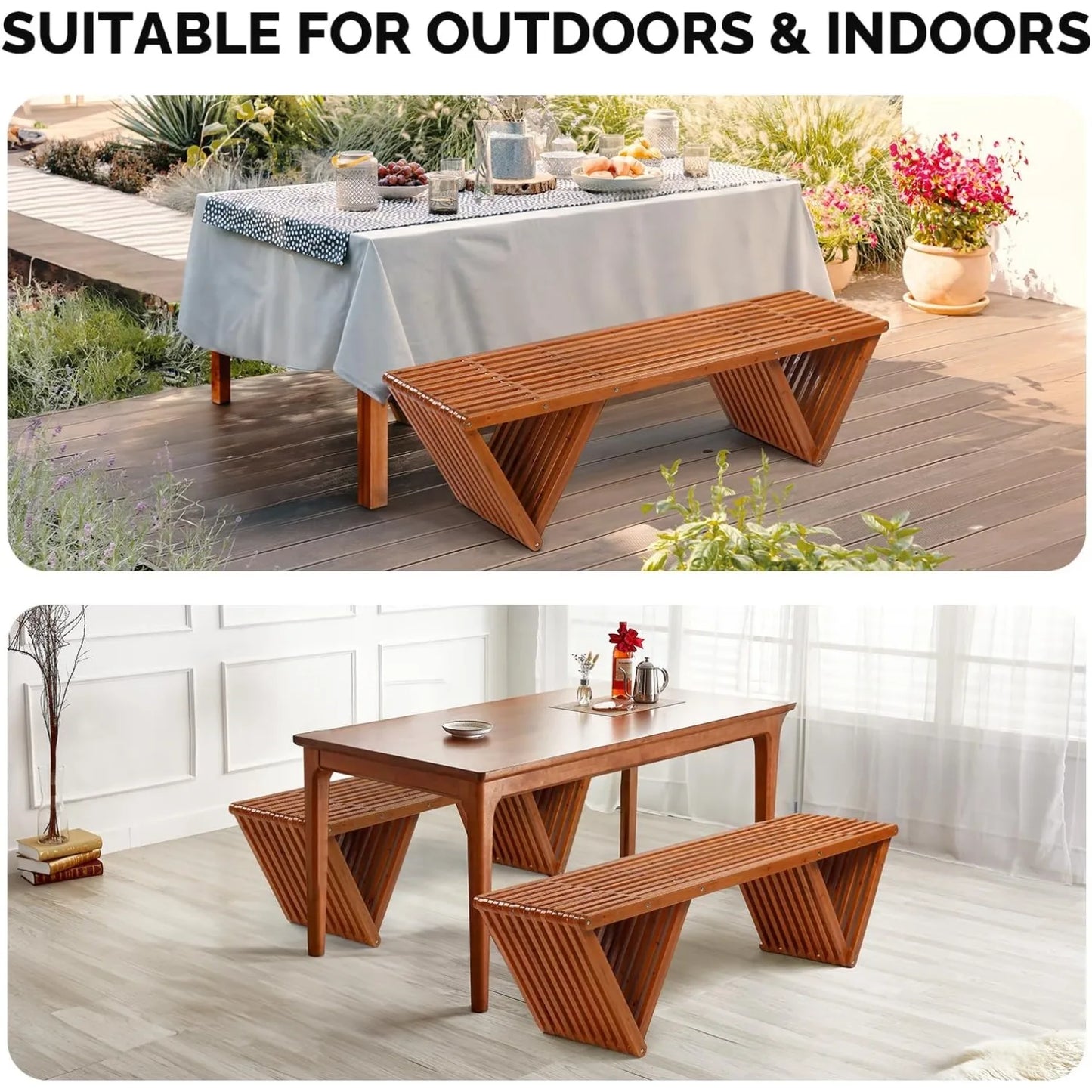 Outdoor Wooden Bench, 63" All Weather Patio Bench Porch Bench, 600lb Capacity Outdoor Backless Benches for Yard Park Gard