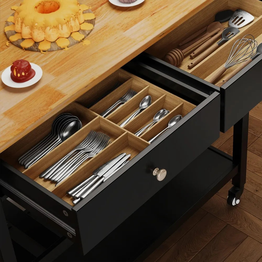 Kitchen Island Cart with Storage,40’’ Wooden Top,2 Tiers Spacious Shelves and Towel Bar, 2 Drawer Mobile Trolley Cart On Wheels