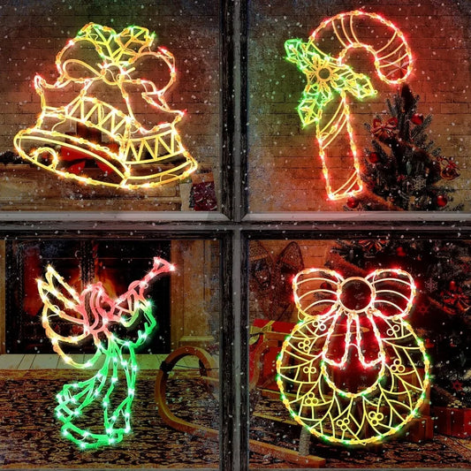 Christmas Window Silhouette Lights Decorations Pack of 4 Sign Colour Lighted Wreath Candy Cane Bell and Angel for Holiday Indoo