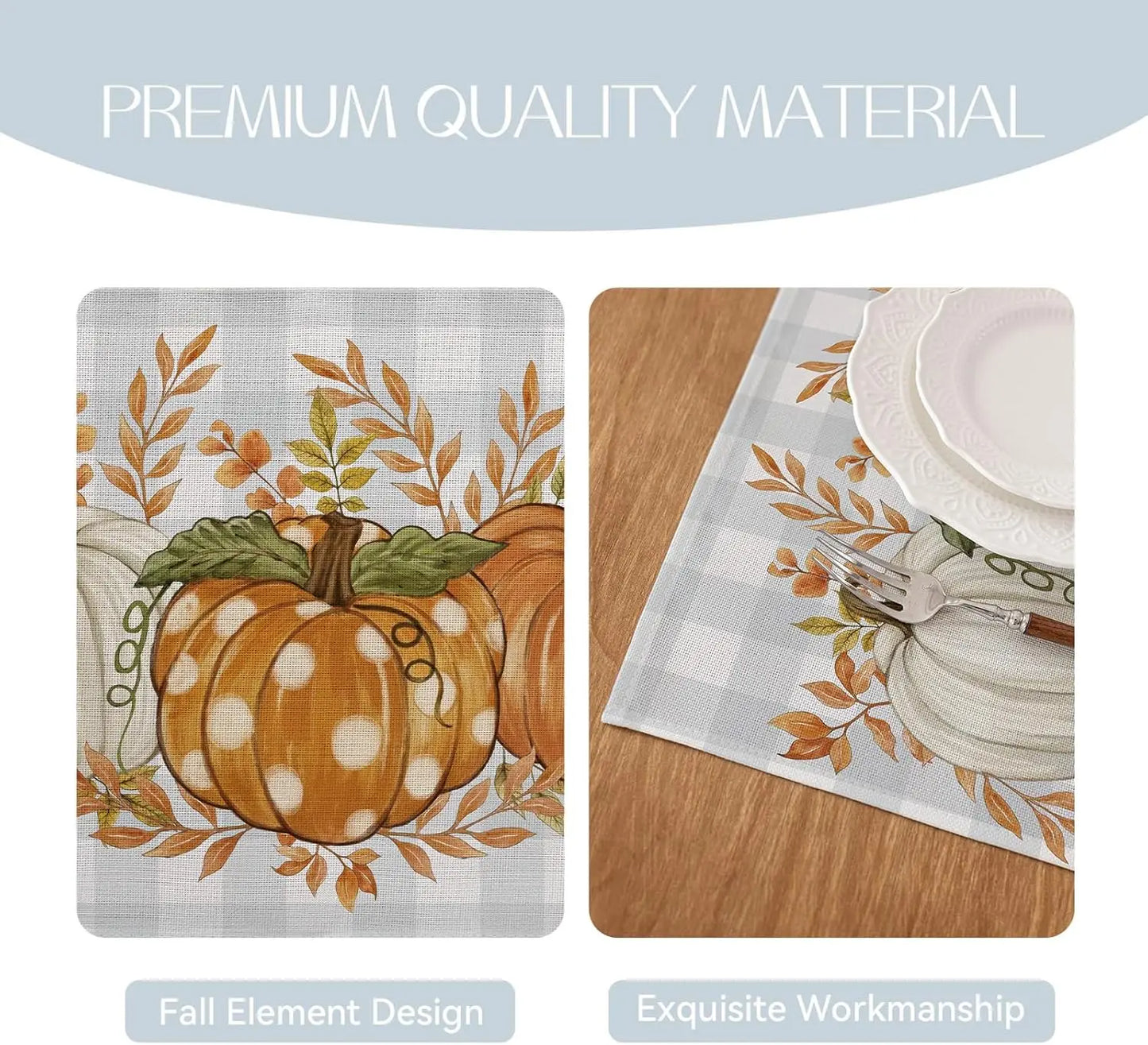 Fall Placemats Set of 4-12 X 18 Inch - Thanksgiving Autumn Harvest Pumpkin Buffalo Plaid Place Mats, Stain Resistant Wipeable Ta