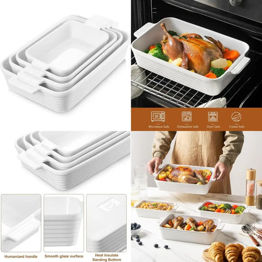casserole dishes for oven, 4-piece porcelain baking dish, rectangular ceramic bakeware sets with handles, deep lasagna pan for
