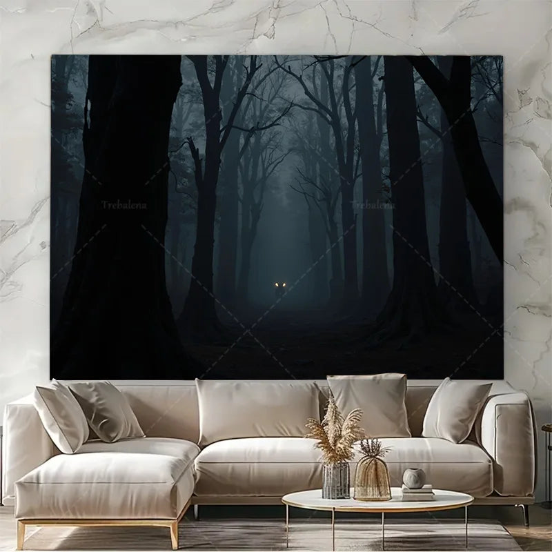 1pc Wall Tapestry Mystic Forest Tapestry - Dark Woods with Glowing Eyes, Spooky Night Scene Decor