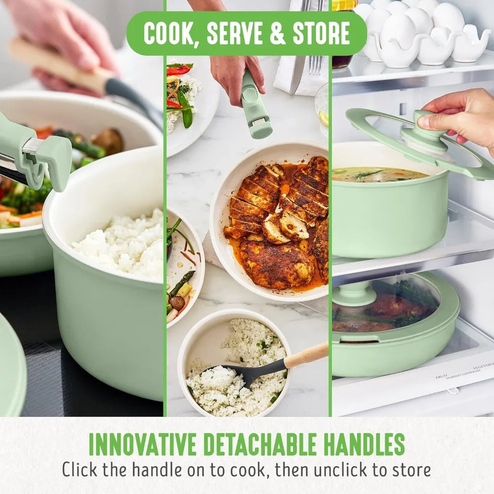 10 Piece Nonstick Pots & Pans Set, Detachable Handle & Stackable Cookware Set, Non Toxic PFAS-Free Skillets, Induction Kitc