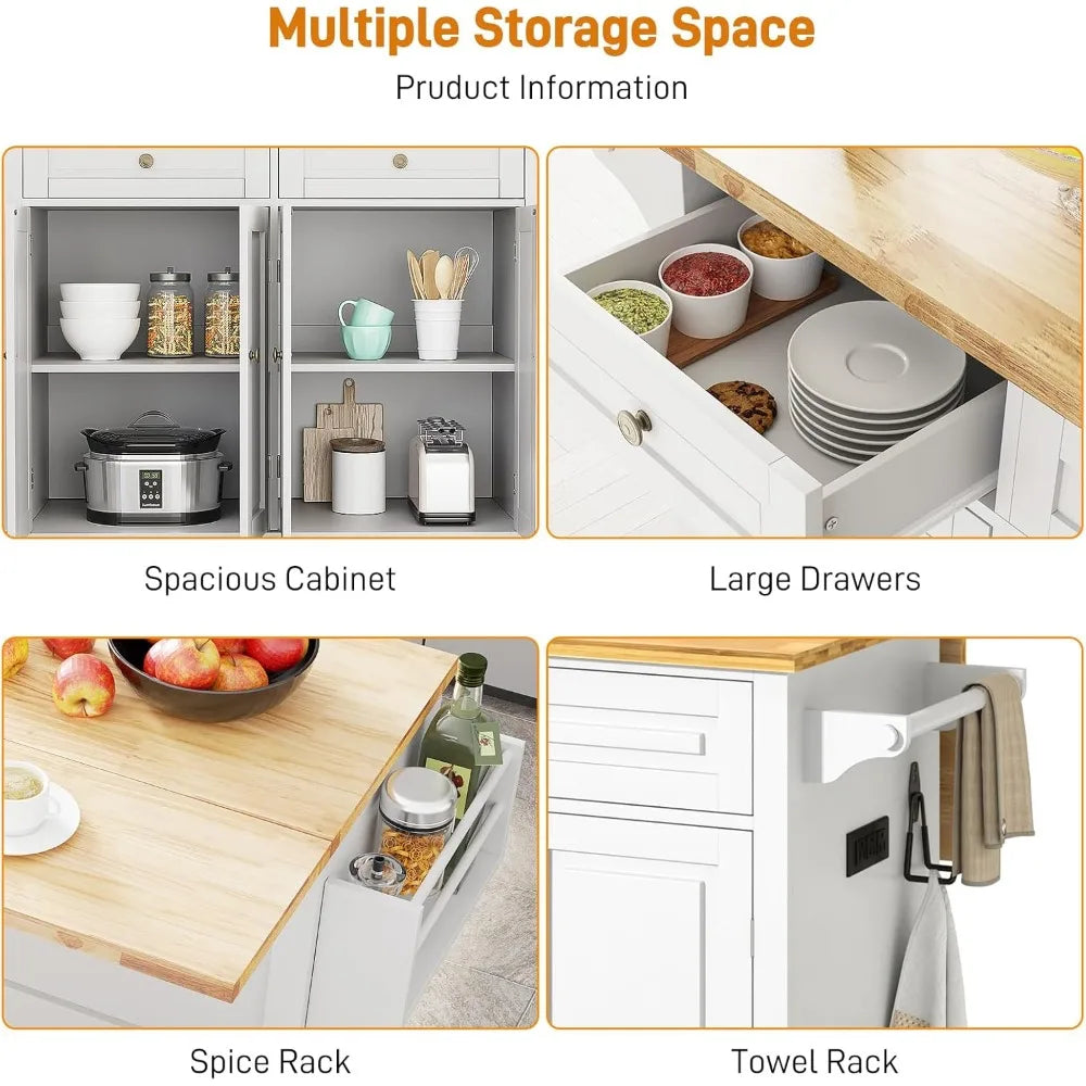 59" Kitchen Cart with Wood Top and Drop Leaf Breakfast Bar, Rolling Mobile Kitchen Island Table on Wheels with Drawer and Storag