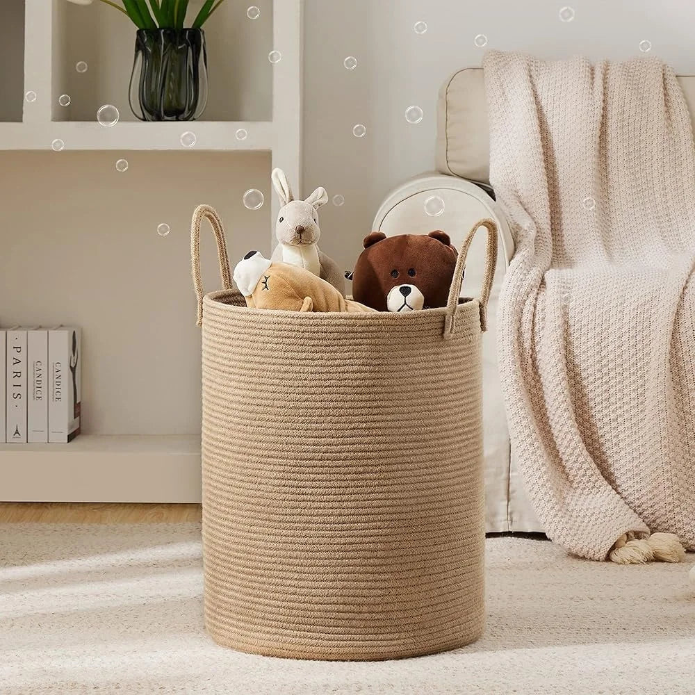 Jute Rope Laundry Hamper Basket Large Storage Clothes Blankets Toys Foldable Round Basket Tall Design with Sturdy Handles