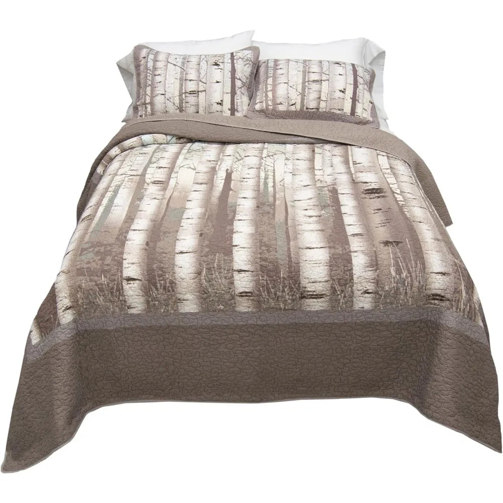 King Bedding Set - 3 Piece - Birch Forest Cotton Lodge Quilt Set with King Quilt and Two Standard Pillow Shams - Machine Washab