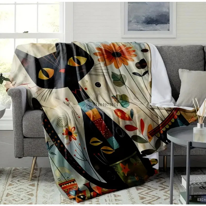 Retro cartoon black cat blanket, soft, warm and comfortable sofa bed office blanket, small blanket, nap blanket