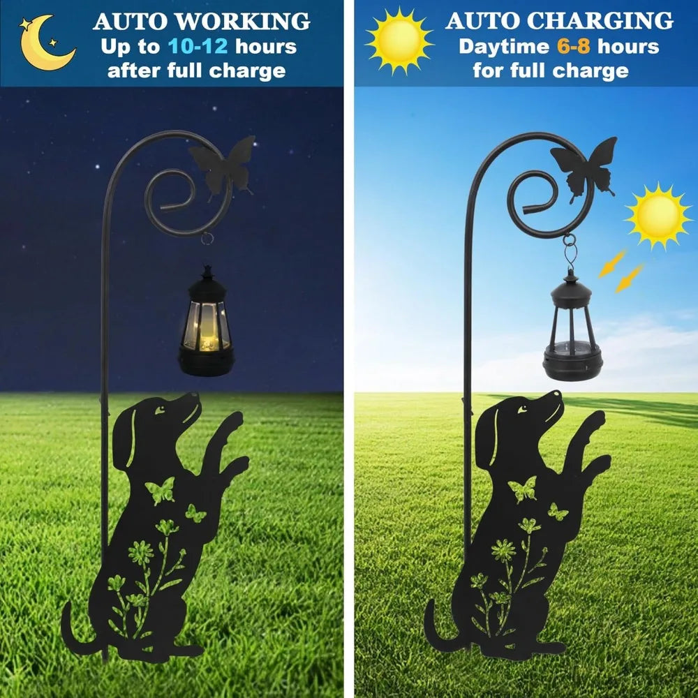 Solar Dog Lantern Garden Stakes - Outdoor Decorative Solar Lights for Yard, Patio, Pathway - Weatherproof Metal Dog Stake with A