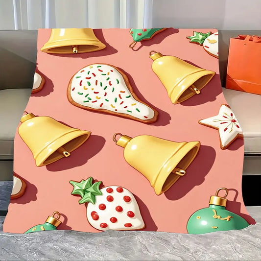 1pc Flannel Blanket "Festive Christmas Bell & Cookie Print Blanket for Cozy Holiday Nights"