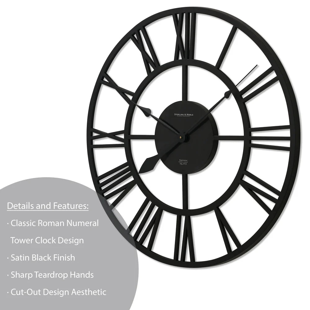 30inch Decorative Wall Clock Roman Numeral Design Battery Operated Elegant Matte Black Durable Home Accent Easy Installation