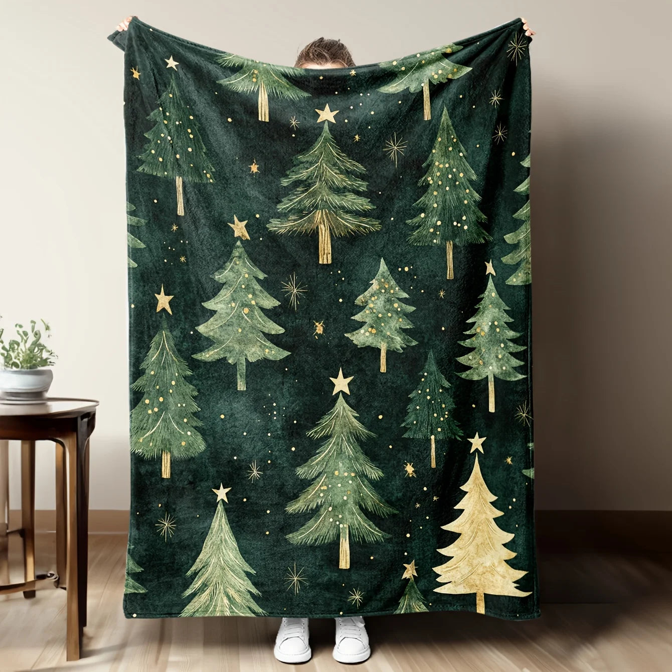 1pc Flannel Fleece Throw Blanket, Green Christmas Tree Print, Soft Warm Comfort for Sofa Bed Office, All-Season Anti-Allergen