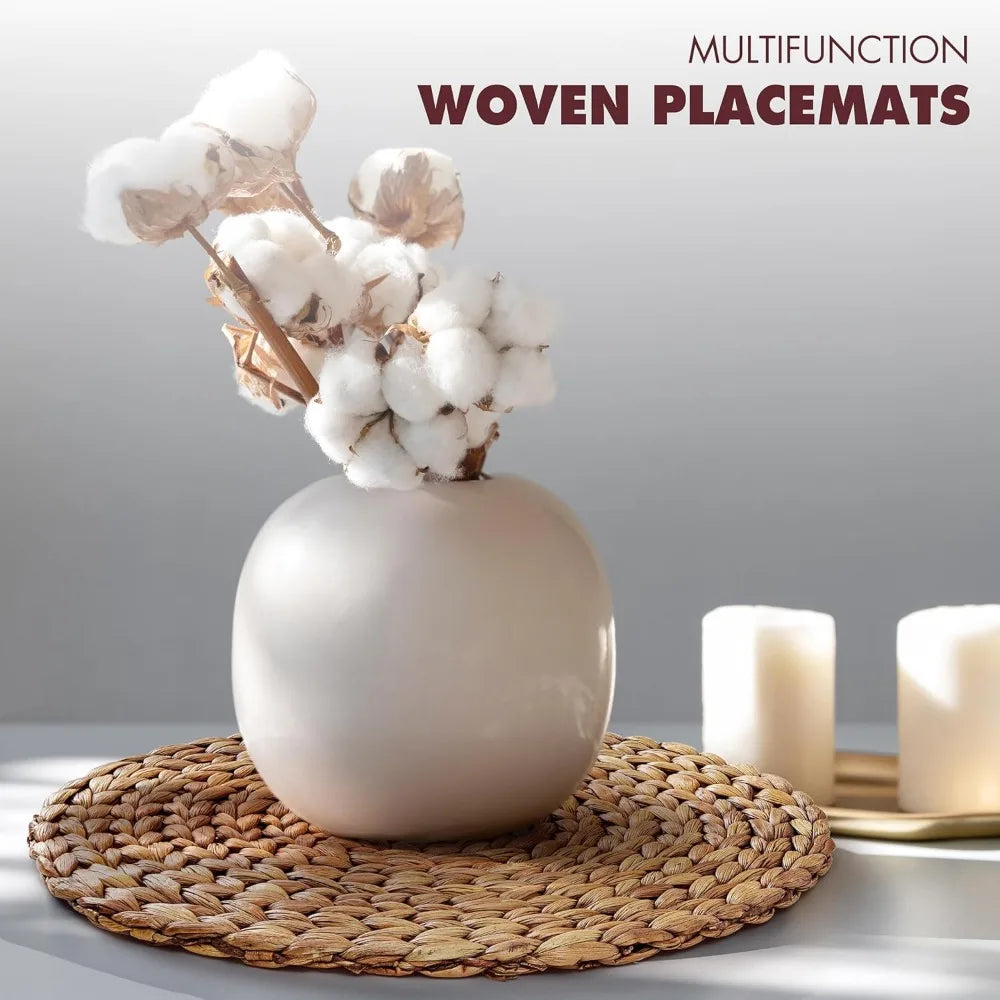 (Sizes:11.8"-13.5''-15")  Round Woven Placemats, 13.5'' Natural Wicker Straw Mats (Pack of 10), Hand-Braided Non-Slip & Heat Res