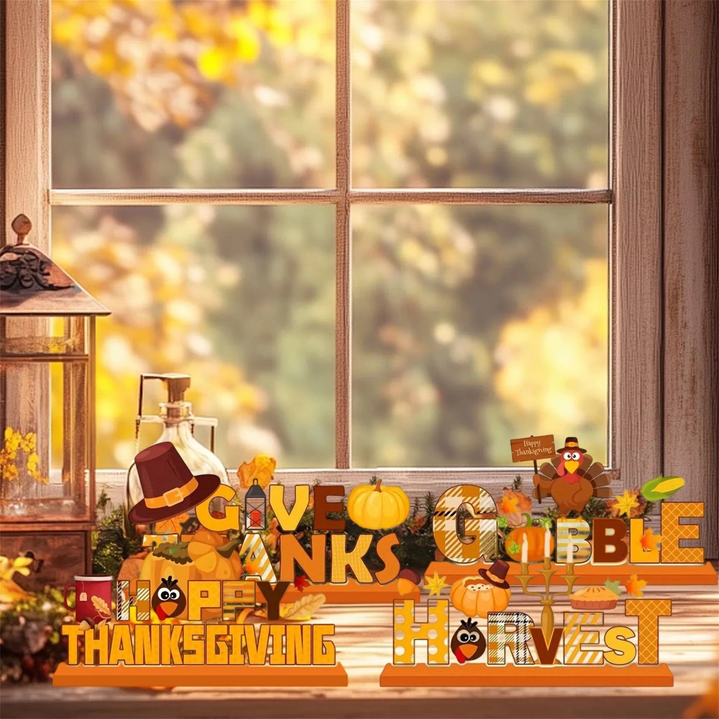 Harvest Pumpkin Centerpiece Fall Table Decor Autumn Thanksgiving Decoration Wooden Desk Ornament Turkey Letters