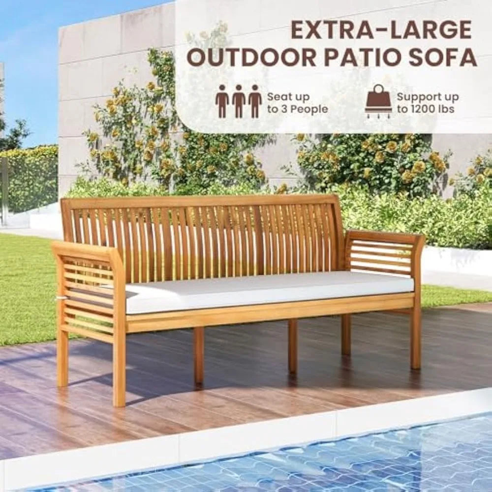 62.5’’ Outdoor Bench Acacia Wood - 3-Person Patio Bench w/Backrest, Armrests & Removable Seat Cushion, Slatted Wooden Garden Be
