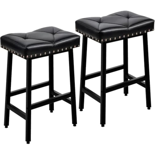 25 inch Counter Height Stools for Kitchen Island, 3.3'' Thick PU Upholstered Saddle Seats, Backless Bar Chairs with Metal Base