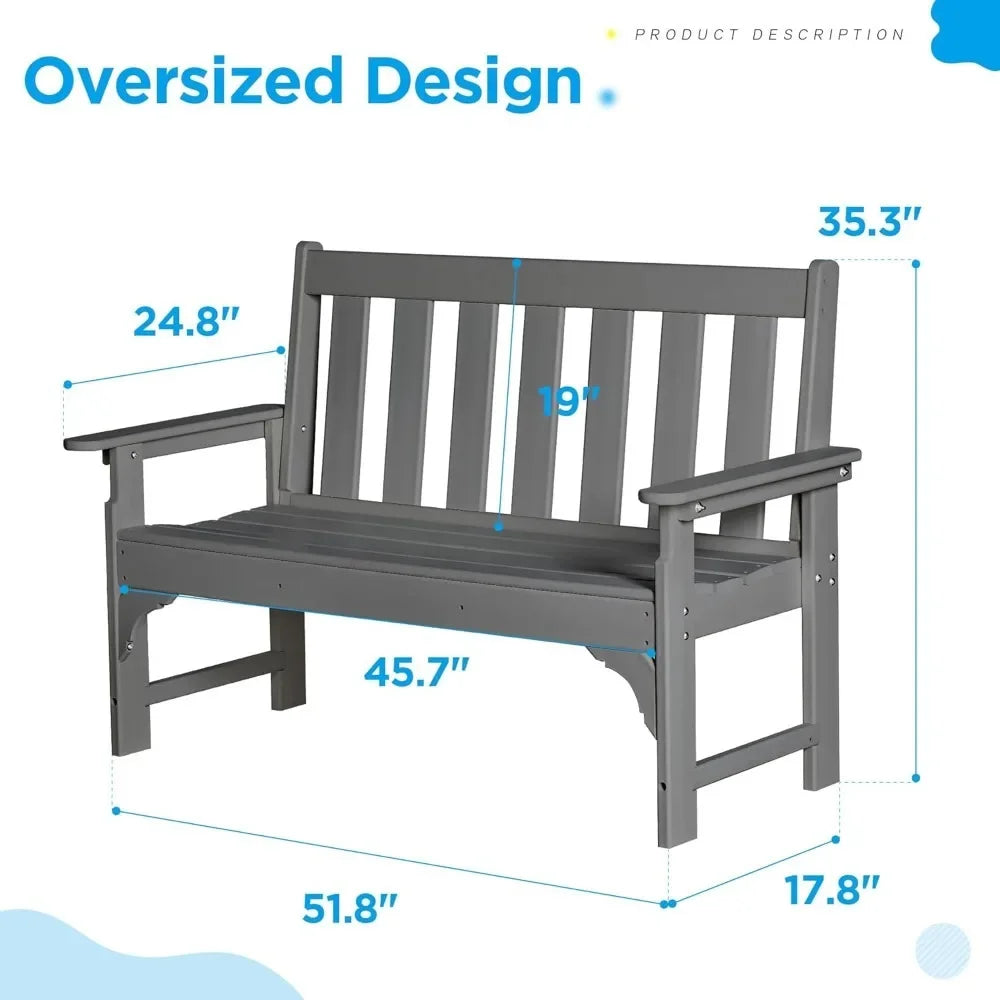 Outdoor Bench, HDPE All Weather Patio Bench Load up to 800 Lbs, 2-Person Garden Bench Rot-Proof Fade Proof for Patio, Porch