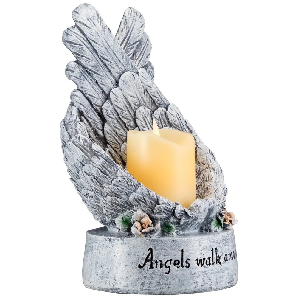 Flameless Candle Holder with Angel Wings and LED Votive Battery Operated Memorial Decor Indoor Floral Accent