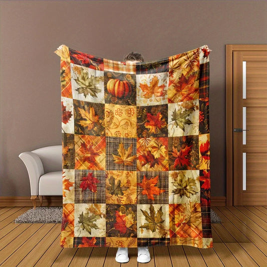 1pc Vintage Autumn Pumpkin and Maple Leaf Plaid Print Flannel Blanket - Comfortable Soft Polyester Fabric, Lightweight