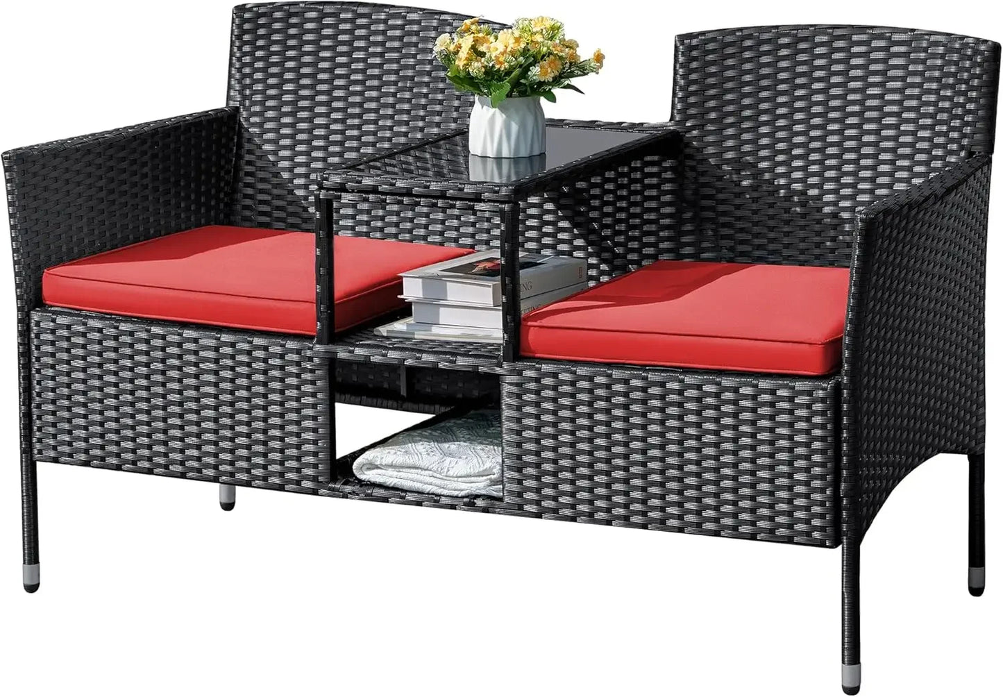 Outdoor Furniture Patio Loveseat Wicker Seat with Built-in Table and Cushions Rattan Porch Chairs Bench for Balcony, Lawn