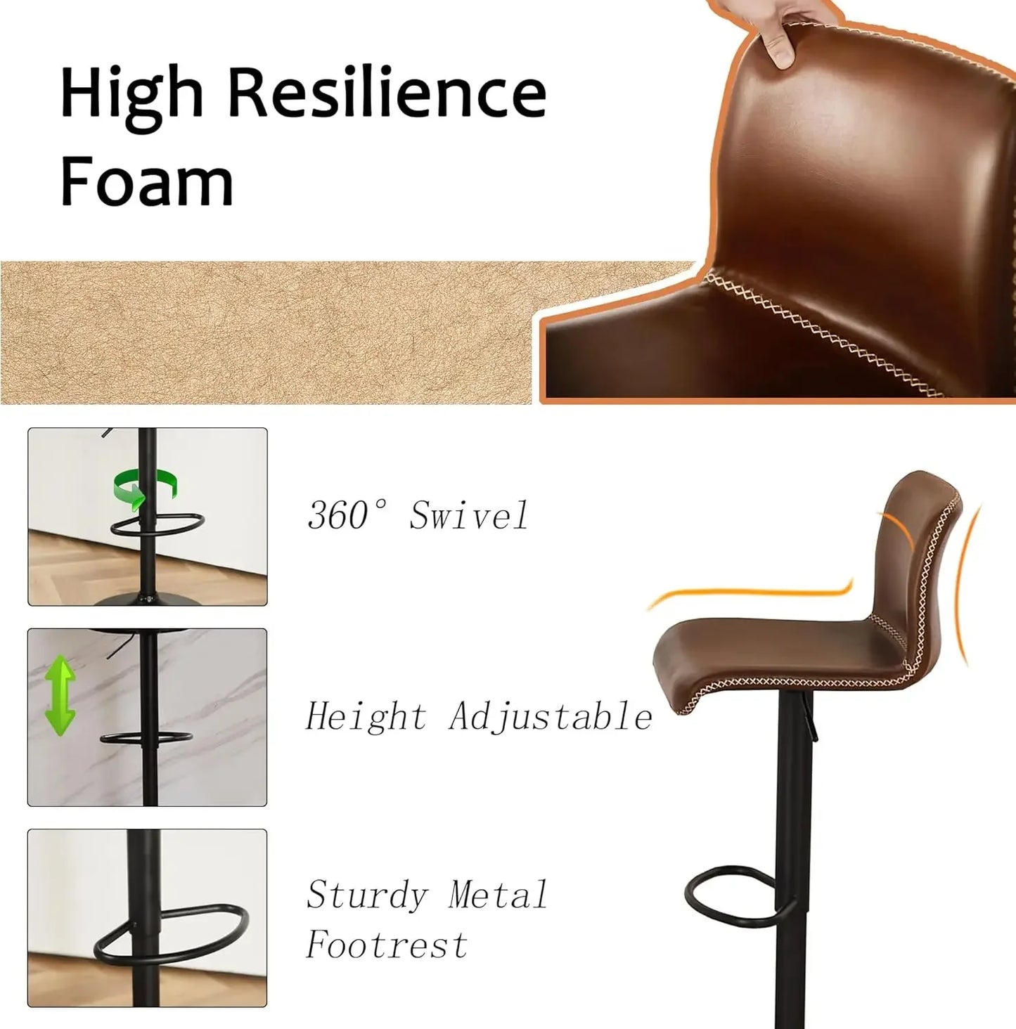 Swivel Bar Stools Set of 4, Counter Height  Stools with Back, Adjustable Stools 24" to 32", Brown Faux Leather Bar Chairs