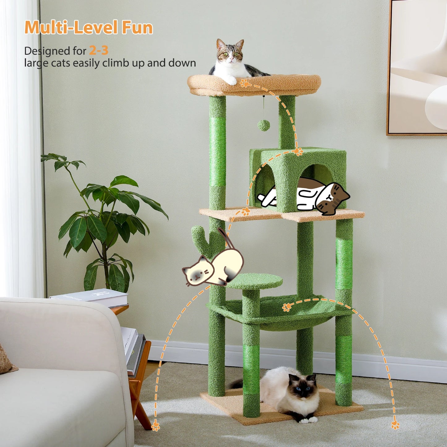Green Cat Tree for Indoor Cats,  Large Hammock Cat Condo with Big Top Perch 5-Level Cat Tower for Large Cats with Metal Frame